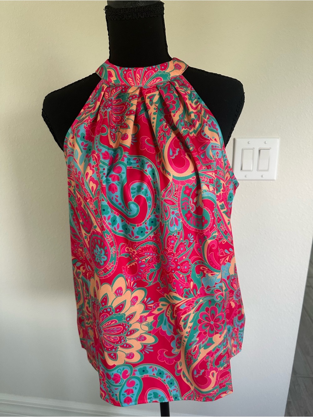 SHEIN Pink, Teal & Yellow Paisley Halter Top